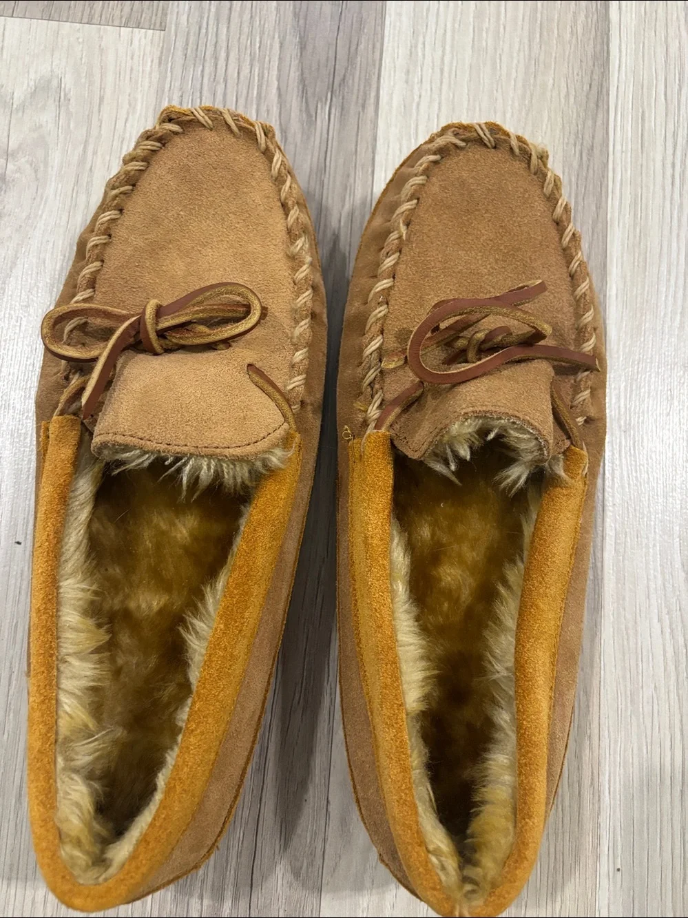 L.L. Brown Suede Moccasin Slippers with Fur Lining Kids Size 6